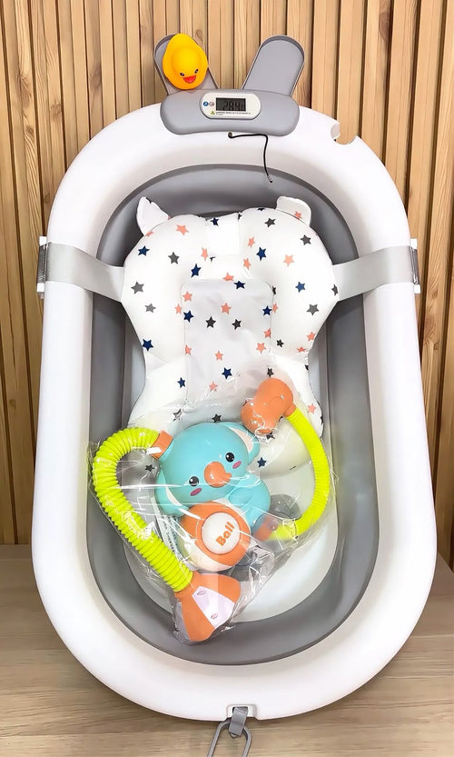 Bañera Plegable para Bebé con Soporte Acolchado y Regadera Portátil