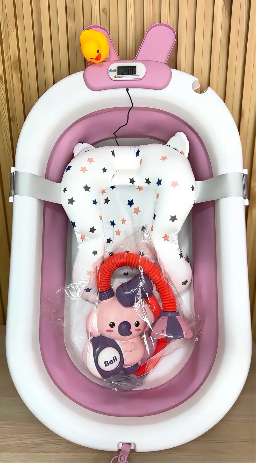 Bañera Plegable para Bebé con Soporte Acolchado y Regadera Portátil