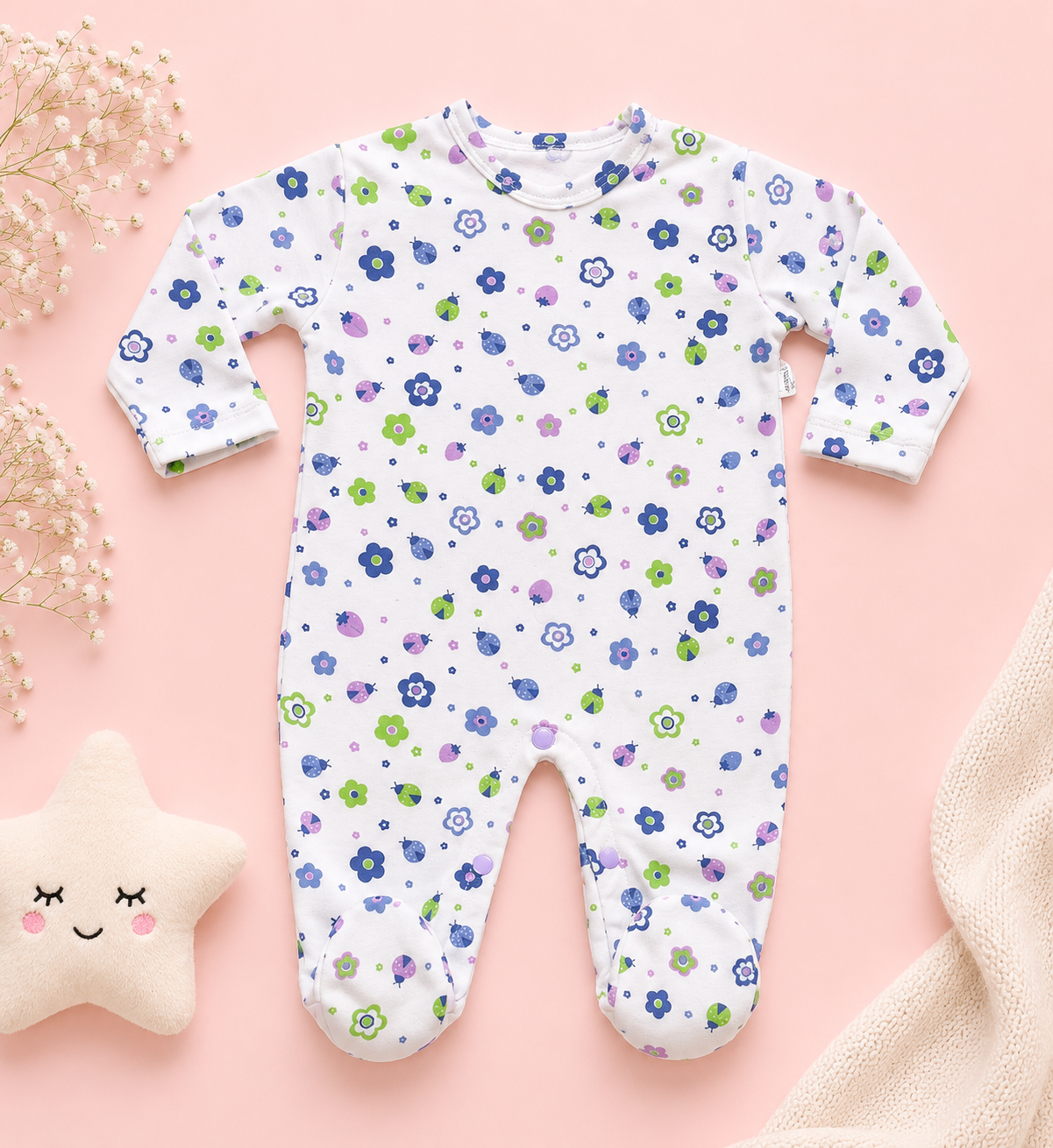 Pijama enteriza  flores y mariquitas