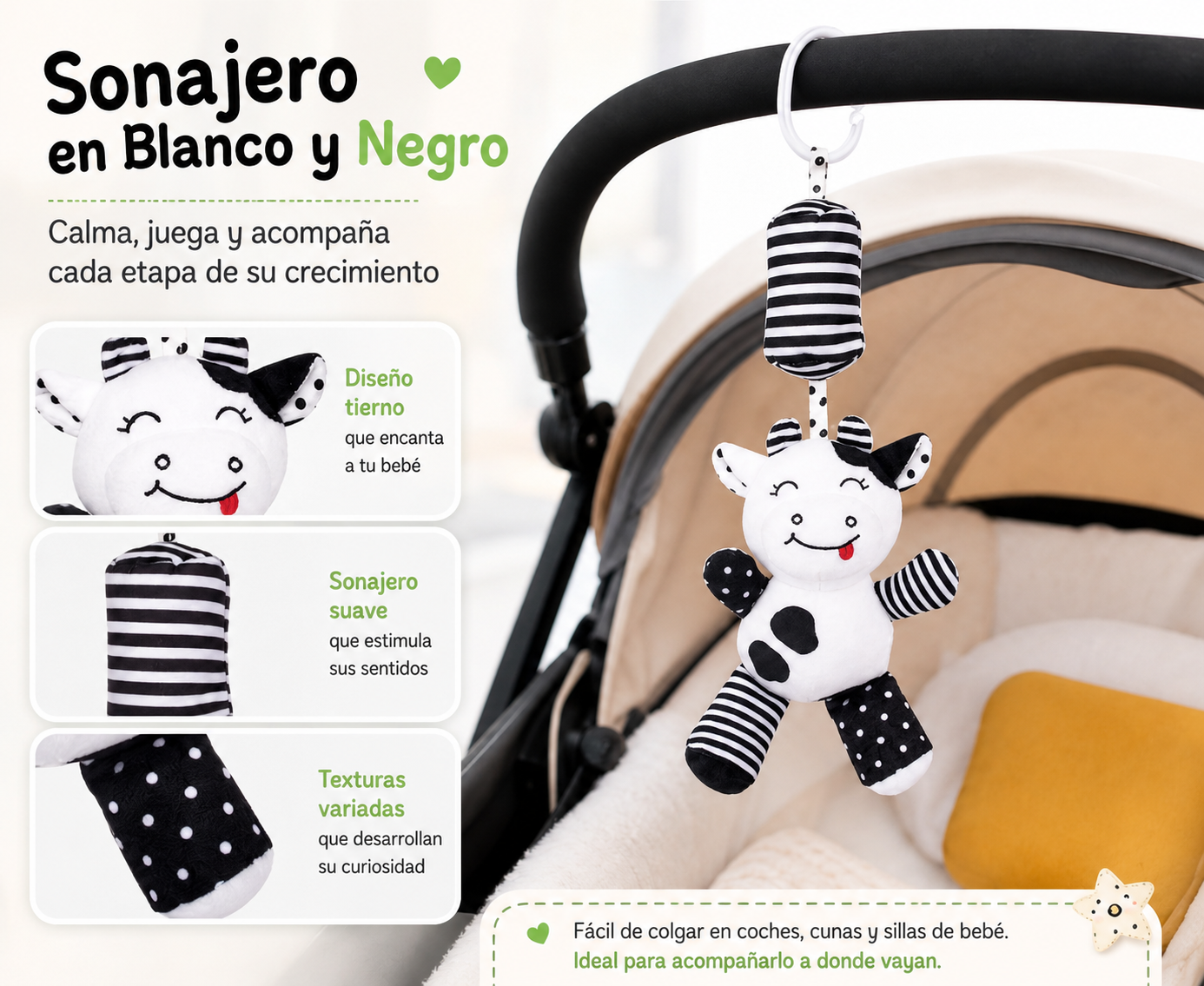 Sonajero Vaquita Blanco y Negro